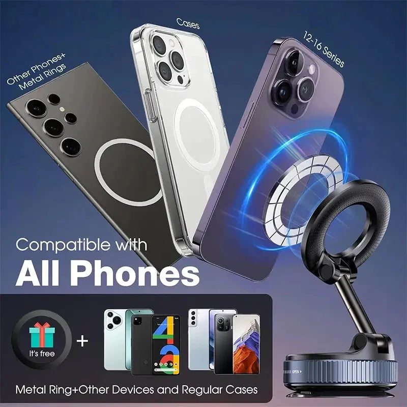 Strong Magnetic Car Phone Holder Foldable Magsafe Design 360° Adjustable Vacuum Mount for Car/Desk/Bathroom/Universal Use Metal BLAZEFL Store