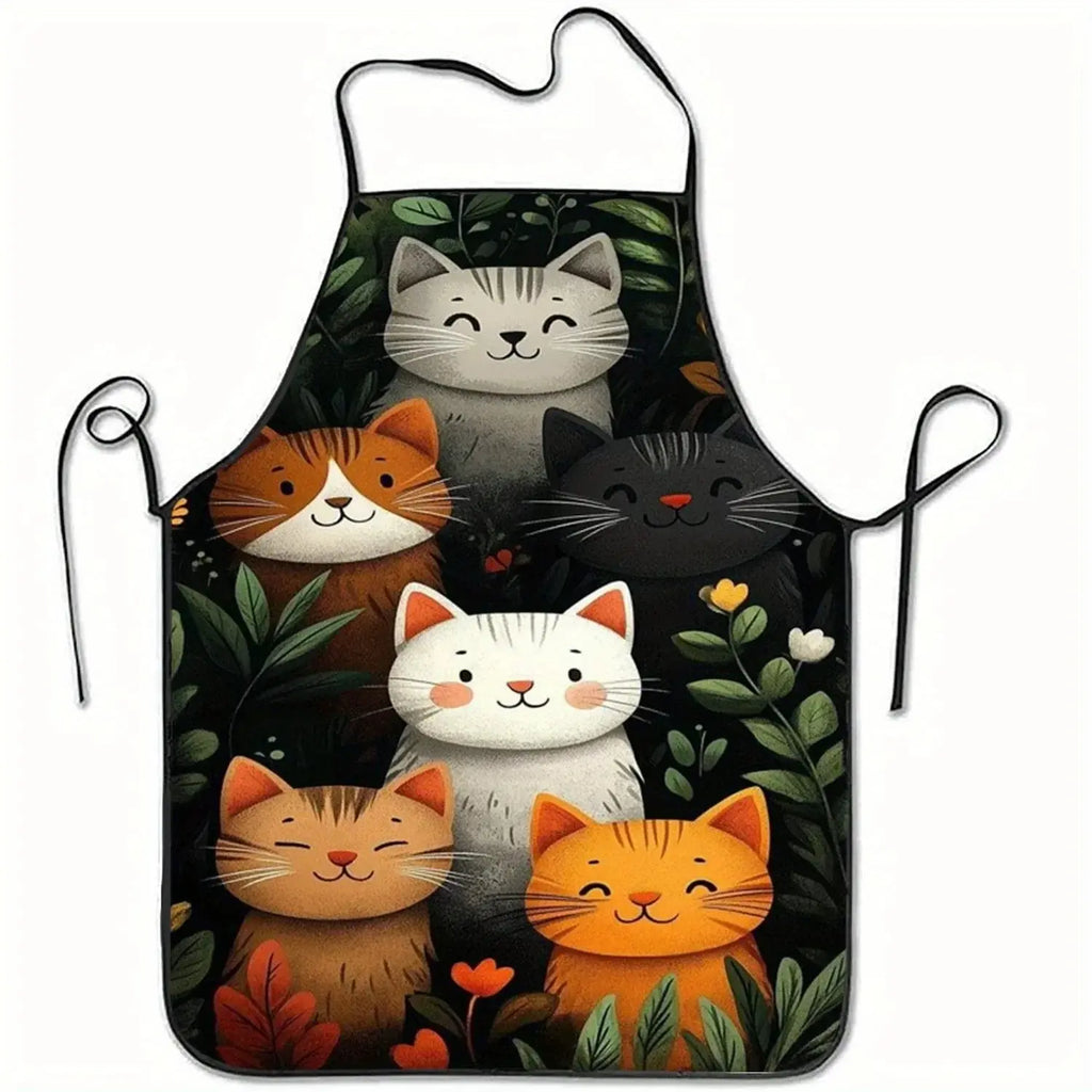Cute Cat Pattern Polyester Apron  Vibrant Cartoon Cats with Hearts & Stars DesignKitchen Apron for Cooking, Baking Home Decor Home Life Factory Store