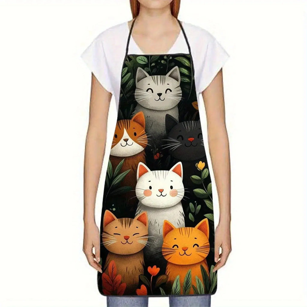 Cute Cat Pattern Polyester Apron  Vibrant Cartoon Cats with Hearts & Stars DesignKitchen Apron for Cooking, Baking Home Decor Home Life Factory Store
