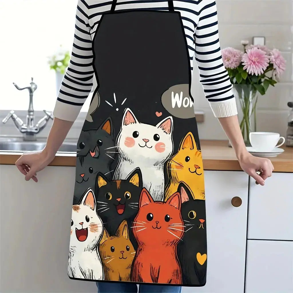 Cute Cat Pattern Polyester Apron  Vibrant Cartoon Cats with Hearts & Stars DesignKitchen Apron for Cooking, Baking Home Decor Home Life Factory Store